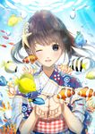  ;d air_bubble blue_eyes brown_hair bubble coral cupping_hands eyebrows_visible_through_hair fish hair_ornament head_tilt japanese_clothes kanno_sayu kimono long_hair looking_at_viewer obi one_eye_closed open_mouth original sash smile star star_hair_ornament sunlight underwater upper_body 