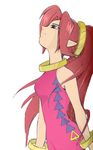  bodysuit bracelets dark_skin din jewelry long_hair long_ponytail pointy_ears ponytail red_eyes skin_tigh the_legend_of_zelda tongue_out 
