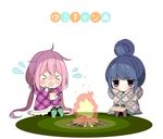  &gt;_&lt; :o black_gloves black_legwear blue_hair blush campfire chibi chopsticks copyright_name cup_ramen eating embers fingerless_gloves fire flying_sweatdrops food gloves hair_bun hair_ornament hair_scrunchie holding jitome kagamihara_nadeshiko kanno_sayu long_hair low_twintails multicolored multicolored_eyes multiple_girls no_mouth noodles nose_blush open_mouth pink_coat pink_hair ramen scrunchie shawl shima_rin sitting twintails very_long_hair wavy_mouth white_background white_scrunchie wood yurucamp 