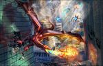  2017 alien battle breathing chase city destruction dragon feral fire flying hi_res horn invalid_tag macro membranous_wings red-izak red_scales scales scalie street wings 