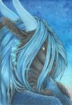  2018 anthro black_body black_skin blue_eyes blue_hair blue_horn clothed clothing cold crystal dragon evening female fingerless_gloves gloves hair happy horn long_hair looking_at_viewer looking_back outside portrait samantha-dragon sky smile solo star starry_sky sweater traditional_media_(artwork) turquoise_hair watercolor_(artwork) winter 