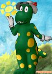  2018 anthro clothing digital_media_(artwork) dinosaur dorothy_the_dinosaur female flower gloves hat invalid_tag looking_at_viewer outside plant scalie sky smile solo sun the_wiggles toonfox583 