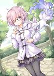  alternate_costume arm_at_side bangs black_skirt blush bush closed_mouth commentary_request day duffel_coat fate/grand_order fate_(series) fou_(fate/grand_order) garden glasses hands_up jacket long_sleeves looking_at_viewer mash_kyrielight outdoors pantyhose pink_hair plaid plaid_skirt purple_eyes short_hair skirt smile tree wataame27 white_jacket 