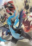  ambiguous_gender anthro black_fur blue_fur canine fur group hi_res mammal mega_charizard mega_charizard_x mega_evolution mega_gengar mega_lucario mega_mawile mega_scizor membranous_wings nintendo outside pok&eacute;mon pok&eacute;mon_(species) unknown_artist video_games wings yellow_fur 