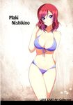  absurdres bangs bare_shoulders bikini breasts cleavage collarbone eyebrows_visible_through_hair flower front-tie_bikini front-tie_top highres large_breasts long_hair love_live! love_live!_school_idol_project matarou_(genkai_toppa) navel nishikino_maki purple_eyes red_hair scan simple_background solo swimsuit 
