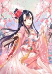  :d bangs black_eyes black_hair blush breasts cherry_blossoms chinese_clothes cleavage cloud commentary day eyebrows_visible_through_hair fan fingernails flower folding_fan hair_between_eyes hair_flower hair_ornament hand_up hanfu head_tilt holding holding_fan long_hair long_sleeves looking_at_viewer medium_breasts open_mouth original outdoors outstretched_arm pink_flower red_flower sky smile solo tena upper_teeth very_long_hair wide_sleeves 