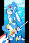  1girl android behind_back blue_eyes bodysuit border bubble capcom full_body heels helmet high_heels holding holding_spear holding_weapon leviathan_(rockman) looking_at_viewer looking_back robot_girl rockman rockman_zero signaturernwater smile solo solo_focus spear squatting thigh_boots thighhighs weapon 