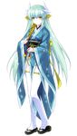  1girl aqua_hair black_(artist) fate/grand_order fate_(series) flower japanese_clothes kiyohime_(fate/grand_order) long_hair official_art solo thighhighs tree upscaled waifu2x yellow_eyes 