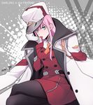  blue_eyes commentary_request darling_in_the_franxx dated gloves hat kuma_yuu licking_hand long_hair looking_at_viewer military military_uniform oversized_clothes pantyhose pink_hair sitting solo tongue tongue_out uniform zero_two_(darling_in_the_franxx) 