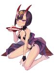  bare_legs barefoot blush breasts closed_mouth commentary cup eyeshadow fate/grand_order fate_(series) fingernails full_body headpiece holding horns kimono_removed kneeling looking_at_viewer makeup oni oni_horns purple_eyes purple_hair revealing_clothes sakazuki shuten_douji_(fate/grand_order) simple_background small_breasts solo sookmo white_background 