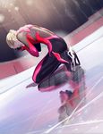 amg_(nwmnmllf) blonde_hair bodysuit braid closed_eyes dutch_angle ice_skates kneeling male_focus ponytail reflection skates skating_rink sparkle tears yuri!!!_on_ice yuri_plisetsky 