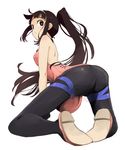 :o ass back backless_outfit bangs bare_arms bare_back bare_shoulders black_eyes black_hair black_pants breasts bright_pupils commentary_request eyebrows from_behind full_body hairband high_ponytail io_naomichi kneeling legs long_hair looking_at_viewer looking_back medium_breasts pants pink_footwear pink_shirt red_ash shirt shoe_soles shoulder_blades sidelocks simple_background solo thigh_strap very_long_hair white_background white_hairband white_pupils yoga_pants 