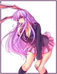  animal_ears bangs bare_legs blazer border breasts bunny_ears bunny_tail carrot_necklace cleavage commentary eyebrows hand_up hater_(hatater) highres jacket kneehighs large_breasts leaning_forward long_hair long_sleeves looking_at_viewer miniskirt pink_skirt purple_hair red_eyes reisen_udongein_inaba simple_background skirt solo tail touhou very_long_hair white_background 