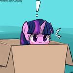  ! 2018 blush box cardboard_box cute equine eyelashes female friendship_is_magic hair headshot_portrait hiding horn horse in_box konami looking_at_viewer lumineko makeup mammal mascara metal_gear multicolored_hair my_little_pony pony portrait purple_eyes shadow signature solo surprise teal_background text twilight_sparkle_(mlp) video_games watermark 