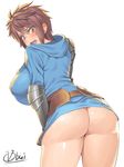  :o ass blush bottomless breasts genderswap genderswap_(mtf) gran_(granblue_fantasy) granblue_fantasy highres huge_breasts leaning_forward looking_at_viewer looking_back obui open_mouth short_hair signature solo thick_thighs thighs 