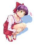  bangs blush bow breasts choker cleavage closed_mouth collarbone downblouse dress eyebrows_visible_through_hair fang fang_out full_body gegege_no_kitarou hair_bow hair_bun high_heels leg_hug looking_at_viewer nail_polish nekomusume nekomusume_(gegege_no_kitarou_6) pointy_ears purple_hair red_bow red_choker red_dress red_footwear red_nails shadow shizuki_shuuya short_dress short_hair small_breasts squatting strap_slip yellow_eyes 