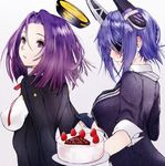  breasts cake commentary_request eyepatch food gloves headgear kantai_collection large_breasts long_sleeves magai_akashi mechanical_halo multiple_girls purple_eyes purple_hair school_uniform short_hair short_sleeves tatsuta_(kantai_collection) tenryuu_(kantai_collection) upper_body 