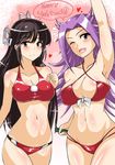  absurdres bikini black_hair bottle breasts christmas cleavage heart highres hiyou_(kantai_collection) jun'you_(kantai_collection) kantai_collection large_breasts long_hair looking_at_viewer medium_breasts merry_christmas midriff multiple_girls navel one_eye_closed purple_eyes purple_hair red_bikini sake_bottle sangyou_haikibutsu_a santa_costume sidelocks spiked_hair swimsuit 