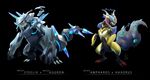  alternate_species ambiguous_gender duo fan_character feral fusion haxorus mega_aggron mega_ampharos mega_evolution mega_steelix nintendo pok&eacute;mon pok&eacute;mon_(species) simple_background syntheticimagination video_games 