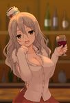  alcohol bar bottle breasts brown_eyes cleavage cup drinking_glass drunk eyebrows_visible_through_hair finger_to_mouth grey_hair hair_between_eyes hat highres holding holding_cup indoors kantai_collection kodama_(user_rnfr3534) large_breasts long_hair long_sleeves looking_at_viewer mini_hat pola_(kantai_collection) red_skirt shirt skirt smile solo upper_body wavy_hair white_shirt wine wine_bottle wine_glass 