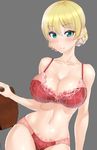  arm_at_side bangs bare_shoulders blonde_hair bra braid breasts chair cleavage closed_mouth collarbone cowboy_shot darjeeling eyebrows_visible_through_hair floral_print girls_und_panzer grey_background hair_between_eyes large_breasts lingerie looking_at_viewer navel panties print_bra print_panties red_bra red_panties rose_print shiny shiny_skin short_hair simple_background smile solo stomach thighs tomliat underwear underwear_only 