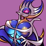  1girl areolae breasts female furry hand_up large_breasts looking_to_the_side lunala mizuki_kotora no_humans pink_sclera pokemon pokemon_(creature) pokemon_sm purple_background simple_background sketch smile solo upper_body white_eyes wings 