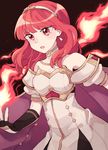  bare_shoulders black_background breasts cape celica_(fire_emblem) cleavage detached_collar dress dutch_angle earrings eyebrows_visible_through_hair fingerless_gloves fire fire_emblem fire_emblem_echoes:_mou_hitori_no_eiyuuou gloves hairband highres jewelry long_hair medium_breasts open_mouth red_eyes red_hair simple_background sisuko1016 solo upper_body 