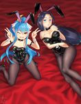  ;d animal_ears arm_strap bettle_(b_s_a_n) black_footwear black_hair black_legwear black_leotard black_neckwear blue_eyes blue_hair blush breast_suppress breasts brown_eyes bunny_girl covered_navel crescent detached_collar double_v fake_animal_ears from_above hair_between_eyes high_heels hikage_(sennen_sensou_aigis) kaguya_(sennen_sensou_aigis) kneeling large_breasts leotard long_hair looking_at_viewer low-tied_long_hair lying multiple_girls on_back one_eye_closed open_mouth pantyhose parted_lips pointy_ears ponytail sennen_sensou_aigis smile thick_eyebrows thighband_pantyhose v very_long_hair wrist_cuffs 