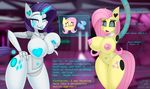  2018 anthro anthrofied areola blush breasts dialogue emoji english_text equine fluttershy_(mlp) friendship_is_magic glowing glowing_nipples heart_nipples horn jrvanesbroek lipstick machine makeup mammal missing_limbs my_little_pony nipples rarity_(mlp) robot shiny story story_in_description sweat text unicorn wide_hips 