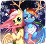  2014 antlers aymint blush border bow christmas cute cutie_mark duo eyebrows eyelashes female fluttershy_(mlp) friendship_is_magic fur gift hair hat holding_object holidays hooves horn looking_at_viewer makeup mascara mostly_nude multicolored_hair my_little_pony open_mouth open_smile outside pink_hair portrait pose purple_eyes rainbow_dash_(mlp) rainbow_hair ribbons santa_hat scarf smile snow snowflake snowing standing striped_scarf stripes teal_eyes three-quarter_portrait tongue white_border 