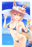  amakusa_shio animal_ears bikini blue_bikini blush breasts cleavage collarbone commentary_request day ears_through_headwear eyebrows_visible_through_hair fang fate/grand_order fate_(series) fox_ears fox_tail hat innertube large_breasts looking_at_viewer navel ocean open_mouth outdoors pink_hair shirt side-tie_bikini solo sun_hat swimsuit tail tamamo_(fate)_(all) tamamo_no_mae_(swimsuit_lancer)_(fate) wet wet_clothes wet_shirt wet_t-shirt white_hat yellow_eyes 