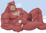  2018 5_fingers abs adios anthro areola balls bear biceps blush brown_nose clothed clothing cup dripping eyebrows fundoshi fur grey_fur hi_res holding_object humanoid_hands humanoid_penis japanese_clothing kumatetsu looking_at_viewer lying male mammal multicolored_fur muscular muscular_male nipples nude one_eye_closed partially_clothed pecs penis pose pubes red_balls red_eyes red_fur red_nipples red_penis simple_background solo spread_legs spreading teeth the_boy_and_the_beast thick_thighs underwear vein veiny_penis 