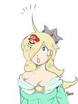  1boy 1girl ahoge bare_shoulders blonde_hair blue_eyes breasts cleavage crown earrings facial_hair gloves hair_over_one_eye hat jewelry large_breasts lips long_hair looking_up mario mario_(series) miniboy mustache nm_qi off-shoulder_dress off_shoulder on_head open_mouth person_on_head pink_lips red_hat rosetta_(mario) simple_background star star_earrings super_mario_bros. super_mario_galaxy twitter_username upper_body white_background white_gloves 
