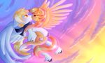  2017 blonde_hair blush bracelet cloud cloudscape cute cutie_mark duo embrace equine eye_contact eyebrows eyelashes fan_character feathered_wings feathers female flying hair hi_res hooves jewelry kissing male male/female mammal mostly_nude multicolored_hair my_little_pony necklace nude outside pegasus piiu scarf signature sky sparkles sunset text two_tone_hair watermark wings yellow_eyes 