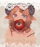  animal_ears apple bare_shoulders blonde_hair blue_eyes brown_hair commentary_request eyeball food fruit highres horns lace_border maruhe1234 partial_commentary solo strap_slip 