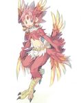  4139 earrings feathered_wings feathers forehead_jewel harpy head_feathers jewelry midriff monster_girl original red_eyes red_hair solo tail_feathers talons wings 