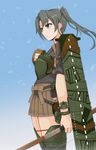  blue_background boots bow_(weapon) brown_skirt camouflage cowboy_shot flight_deck from_side green_eyes green_hair hair_ribbon hand_on_own_chest holding holding_bow_(weapon) holding_weapon kantai_collection kodama_(user_rnfr3534) long_hair muneate pleated_skirt remodel_(kantai_collection) ribbon simple_background skirt solo thigh_boots thighhighs twintails weapon zuikaku_(kantai_collection) 