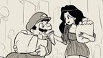  1boy 1girl alternate_costume bag black_hair donkey_kong_(game) donkey_kong_(series) dress earrings facial_hair feeding gloves groceries grocery_bag hat holding holding_bag ice_cream ice_cream_cone jacket jewelry long_hair long_sleeves looking_at_another mario mario_(series) messy monochrome mustache necklace nm_qi open_clothes open_jacket pauline shopping_bag short_dress sketch sleeves_pushed_up 