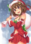  :d absurdres ass_visible_through_thighs babydoll bare_shoulders bell blush bow breasts brown_eyes brown_hair carrying carrying_over_shoulder christmas cleavage collarbone detached_sleeves eyebrows_visible_through_hair fur_trim halter_top halterneck hat hat_bow highres long_sleeves looking_at_viewer medium_breasts miniskirt misaki_yuuma navel open_mouth pleated_skirt red_skirt sack sakamiya_hotaru santa_costume santa_hat school_girl_strikers short_hair skirt smile solo strap_gap striped striped_bow twintails 
