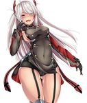  :d absurdres ass_visible_through_thighs azur_lane bangs black_gloves black_panties blush breasts brown_eyes contrapposto covered_navel eyebrows_visible_through_hair garter_straps gloves heart heart-shaped_pupils highres kana616 large_breasts long_hair long_sleeves looking_at_viewer mole mole_on_breast multicolored_hair nose_blush open_mouth panties prinz_eugen_(azur_lane) red_hair silver_hair simple_background smile solo standing streaked_hair swept_bangs symbol-shaped_pupils two_side_up underwear very_long_hair white_background 
