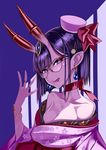  :p bespectacled bob_cut bracelet choker commentary_request fate/grand_order fate_(series) glasses hair_ornament hairpin honjou_raita japanese_clothes jewelry kimono licking_lips makeup mascara off_shoulder oni oni_horns pointy_ears purple_eyes purple_hair ribbon_choker ring short_hair shuten_douji_(fate/grand_order) tongue tongue_out 