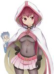  1girl armor black_gloves blue_hair bodysuit breasts cloak commentary_request cosplay fate/stay_night fate_(series) gloves hood hood_up hooded_cloak lancer large_breasts long_hair looking_at_viewer magia_record:_mahou_shoujo_madoka_magica_gaiden magical_girl mahou_shoujo_madoka_magica ponytail purple_hair red_eyes scathach_(fate)_(all) scathach_(fate/grand_order) smile tamaki_iroha tamaki_iroha_(cosplay) tatehizamakura underboob 