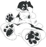  2012 4_fingers 4_toes animate_inanimate anthro black_and_white bottomless canine clothed clothing digital_drawing_(artwork) digital_media_(artwork) doberman dog hi_res hindpaw human living_plush male mammal monochrome pawpads paws plushie shiny shirt simple_background smile solo stormdragonblue toes torn_clothing transformation white_background 
