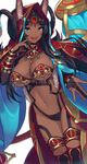  animal_ears aqua_eyes breasts bridal_gauntlets cleavage commentary_request dark_skin ears_through_headwear fang fate/grand_order fate_(series) finger_to_face fur_trim gem head_chain highres hood horns jewelry large_breasts long_hair looking_at_viewer navel open_mouth queen_of_sheba_(fate/grand_order) simple_background smile solo sukebewe white_background 