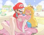  1boy 1girl arm_around_shoulder beach blonde_hair blue_eyes blush breasts brooch cloud constricted_pupils crown dress earrings elbow_gloves eyes_closed facial_hair gloves goomba hat holding jewelry kneeling koopa_troopa large_breasts lips long_hair looking_at_another lying_on_person mario mario_(series) mustache nm_qi overalls para-biddybud parted_lips pink_dress princess_peach puffy_short_sleeves puffy_sleeves question_block red_hat red_shirt shirt sky super_mario_bros. thighs translation_request trees unconscious water white_gloves 