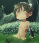  android arm_support blush brown_hair dark_skin dark_skinned_male grass highres keitomato lake made_in_abyss male_focus nude pointy_ears regu_(made_in_abyss) sitting solo yellow_eyes 