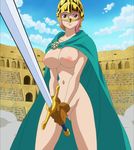  1girl areolae braids breasts cape curvy female helmet hips large_breasts navel nipples nude nude_filter one_piece photoshop pink_hair ponytail rebecca_(one_piece) screencap solo stomach sword thick_thighs thighs 