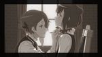  ange_(princess_principal) beatrice_(princess_principal) blush braid chair curtains genso greyscale hair_bun indoors monochrome multiple_girls princess_principal profile school_uniform short_hair sitting sweatdrop throat window 