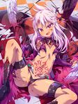  ass black_panties blush boots breasts bridal_gauntlets cameltoe checkered checkered_floor chloe_von_einzbern covered_nipples dark_skin eyebrows_visible_through_hair fangs fate/kaleid_liner_prisma_illya fate_(series) heart heart-shaped_pupils kanshou_&amp;_bakuya long_hair looking_at_viewer navel navel_piercing open_mouth panties piercing pink_hair red_eyes revealing_clothes saliva small_breasts smile solo spread_legs stomach_tattoo symbol-shaped_pupils tattoo toraishi_666 underwear 