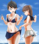  black_hair blush breasts brown_hair commentary_request day hair_between_eyes highres houshou_(kantai_collection) kantai_collection multiple_girls navel no_bra ocean open_mouth panties ponytail remodel_(kantai_collection) ryuujou_(kantai_collection) sailor_beach_wear_(no.s_project) sailor_collar sky small_breasts striped striped_panties swimsuit tama_(seiga46239239) twintails underwear undressing yellow_eyes 